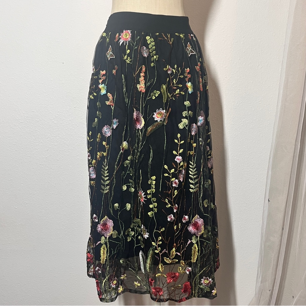 Whimsical Flower Embroidered Black Tulle Skirt Fully Line Elastic Waist Band